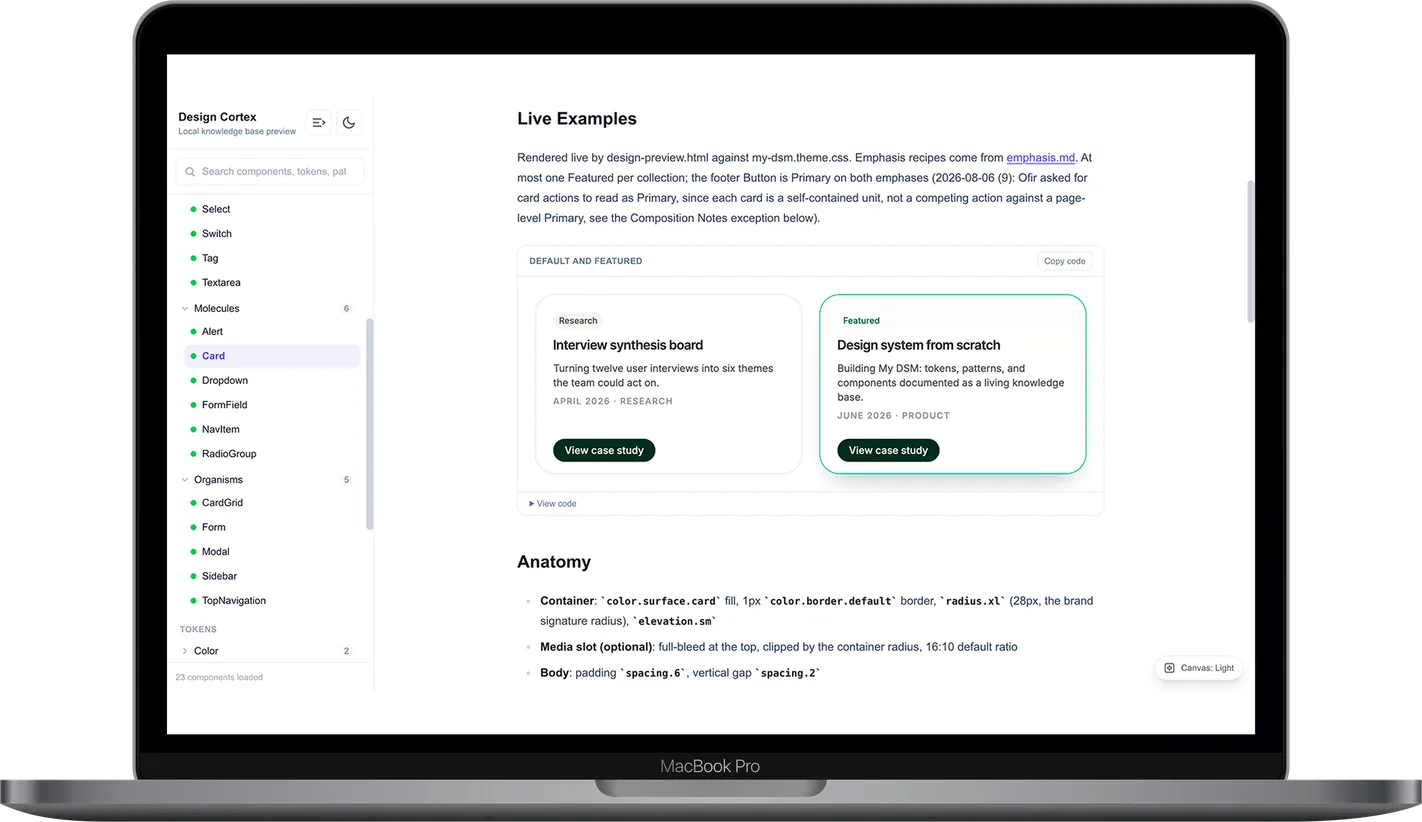 My DSM's documentation open on a laptop, showing a component page with its live examples and the component sidebar beside it.