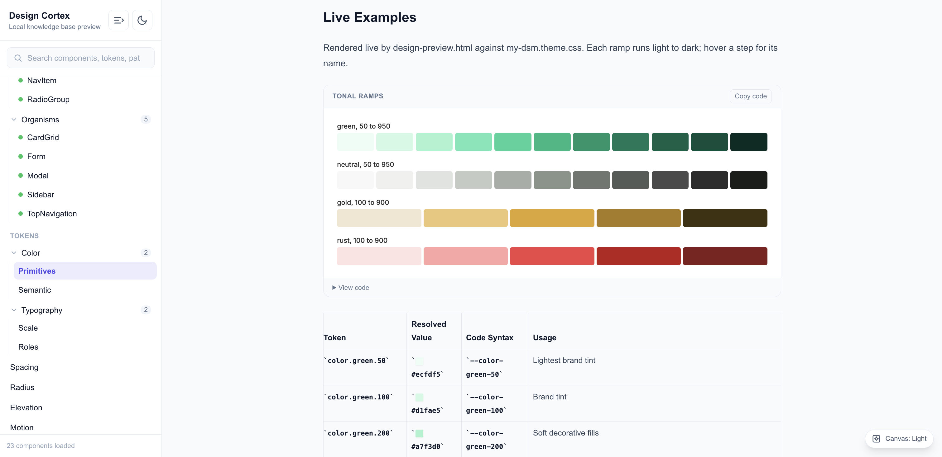 My DSM's colour primitives, documented live: every raw ramp in the palette before anything is mapped to a role.