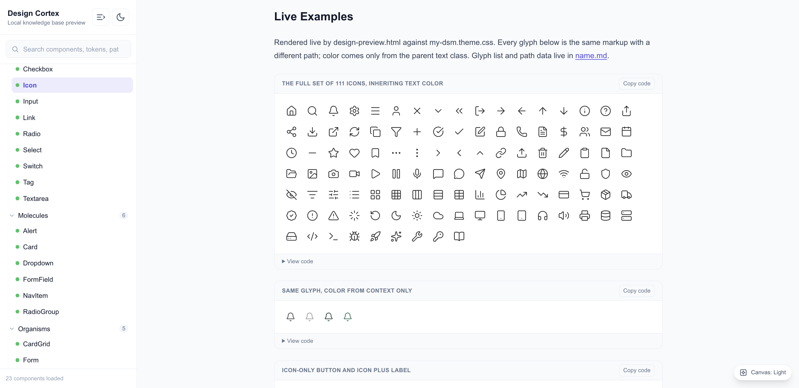 The Icon atom, documented with its sizes and states, the same set this page shows live further down.