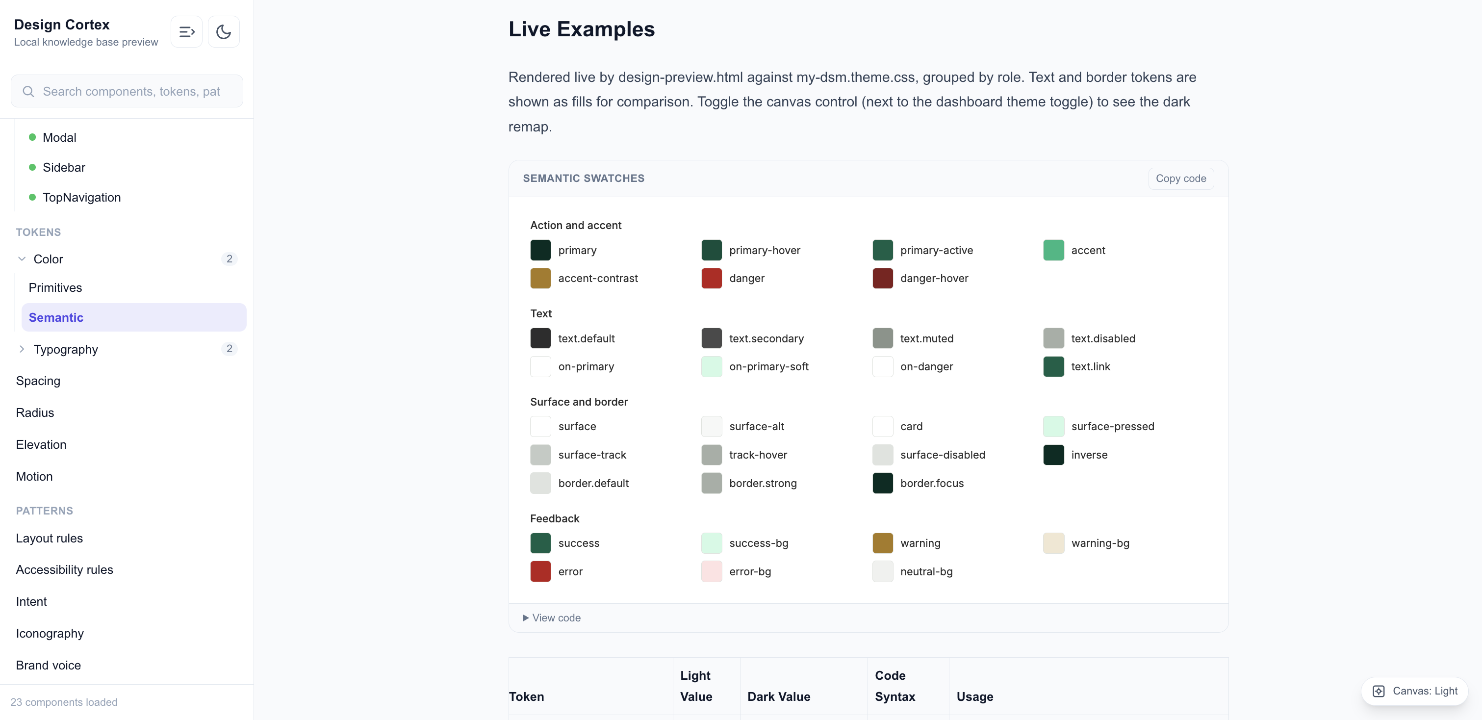 The semantic colour layer, where each primitive is bound to a named role that components refer to instead of a raw value.