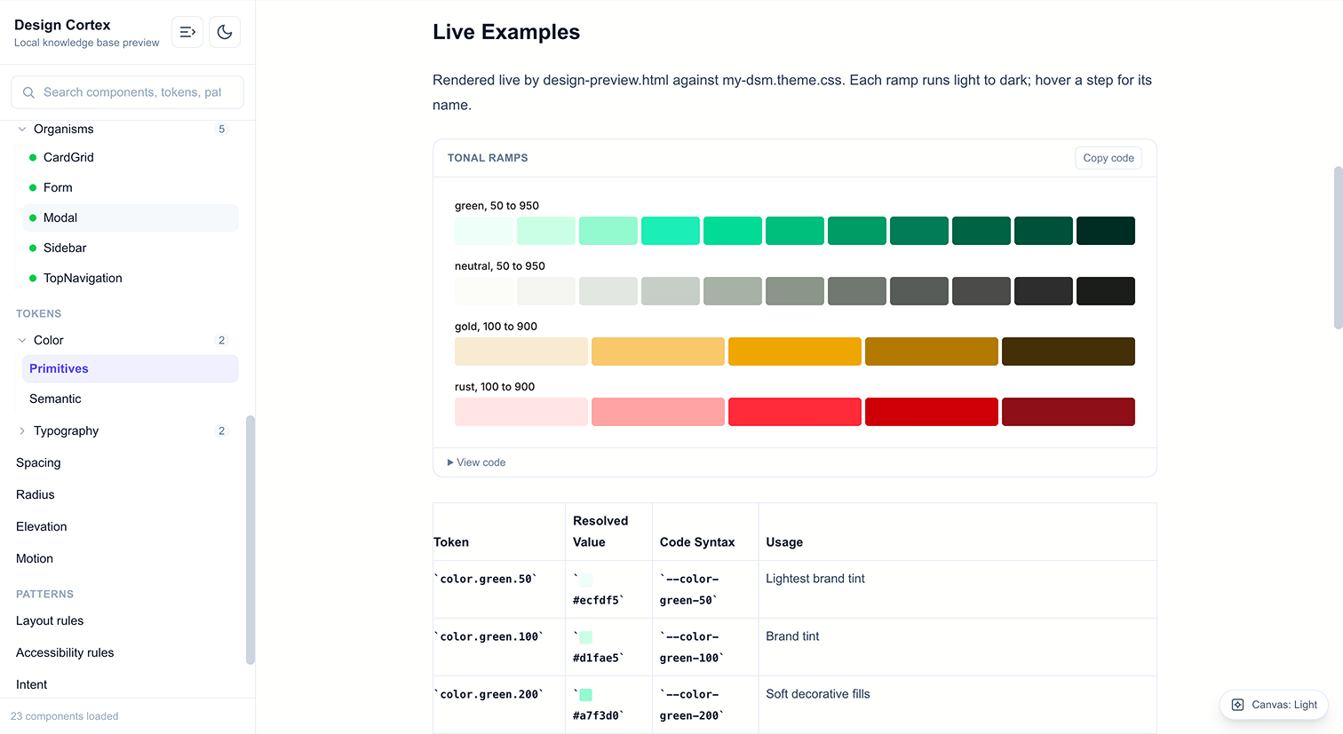 My DSM's color tokens, documented live: primitives, semantic mappings, and their tonal ramps.