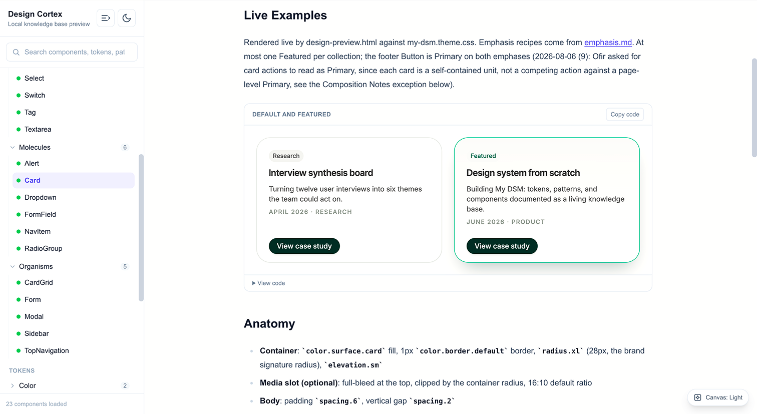 My DSM's Card molecule, documented live, including the full component sidebar.