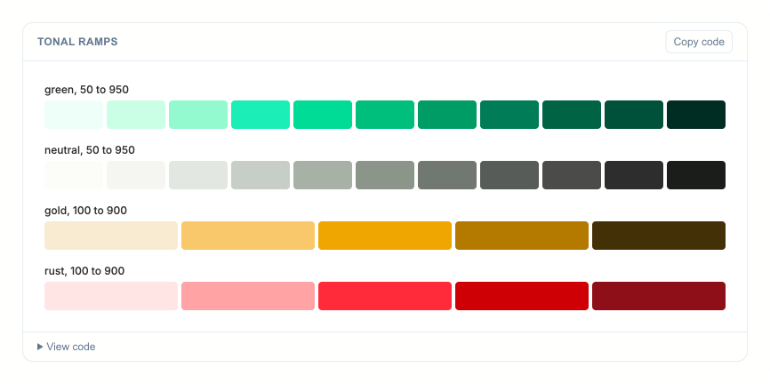 My DSM's color tonal ramps, documented live: green, neutral, gold, and rust, each running light to dark.