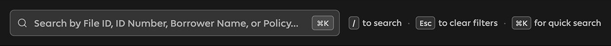 The dashboard's keyboard hint row sitting beside the search field it acts on: press slash to search, escape to clear filters, command-K for quick search.
